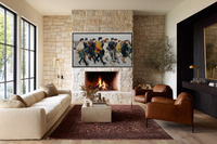 Inverted Crowd Georg Baselitz inspired subway platform scene displayed on Samsung Frame TV - 4K digital download featuring neo-expressionist inverted figures in warm stone and linen palette