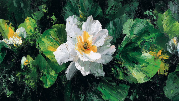 Inverted Magnolia Baselitz-inspired white flower painting displayed on Samsung Frame TV - 4K digital download featuring upside-down blossoms in sage and eucalyptus green palette