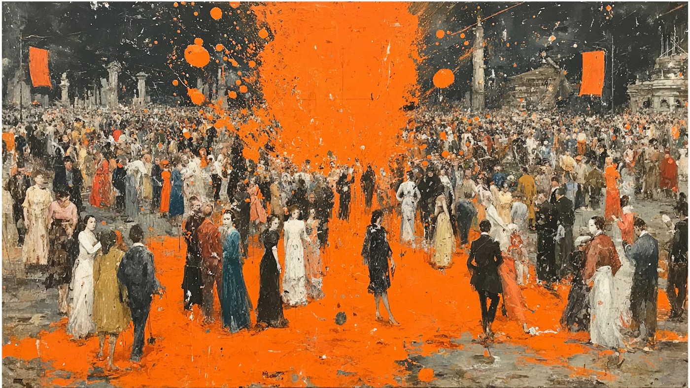 Inverted Promenade Georg Baselitz inspired upside-down crowd scene displayed on Samsung Frame TV - 4K digital download featuring elegant figures in rich amber and terracotta palette