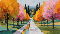 Jeweled Autumn Promenade digital art displayed on Samsung Frame TV - 4K download featuring vibrant orange and jewel-toned purple and magenta trees lining symmetrical pathway