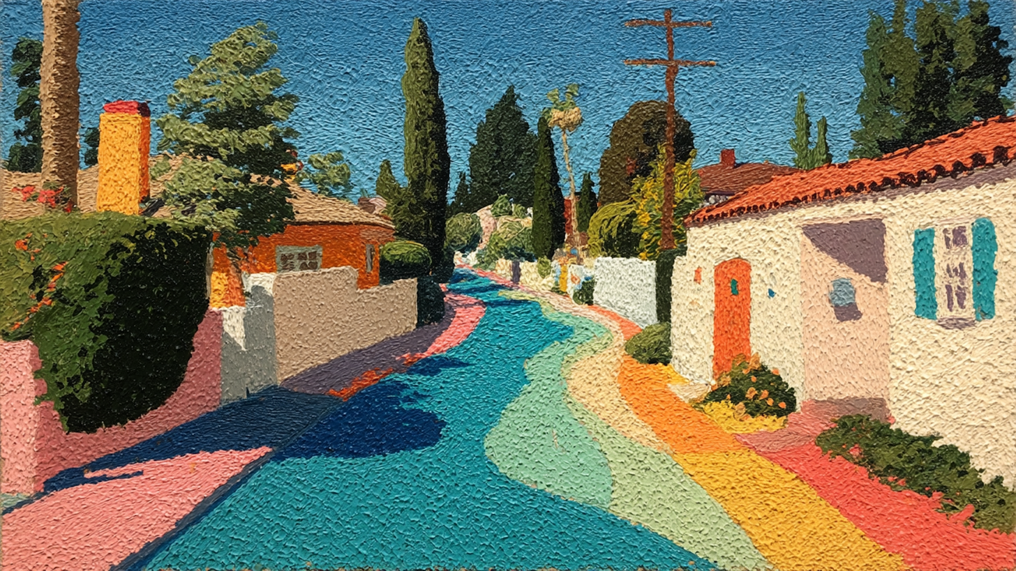 Vibrant geometric Mediterranean courtyard with colorful buildings turquoise pool and bold pink orange yellow architectural elements