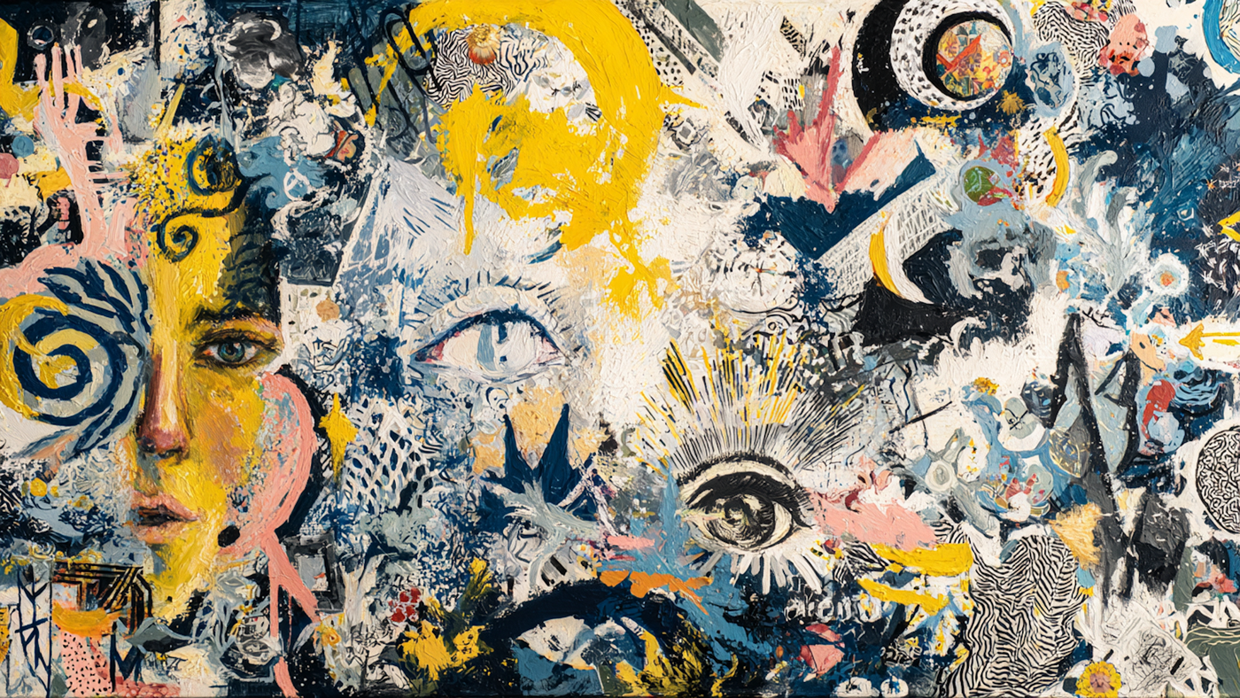 Kaleidoscope Minds portrait collage artwork displayed on Samsung Frame TV showing diverse faces in blue and yellow photomontage composition