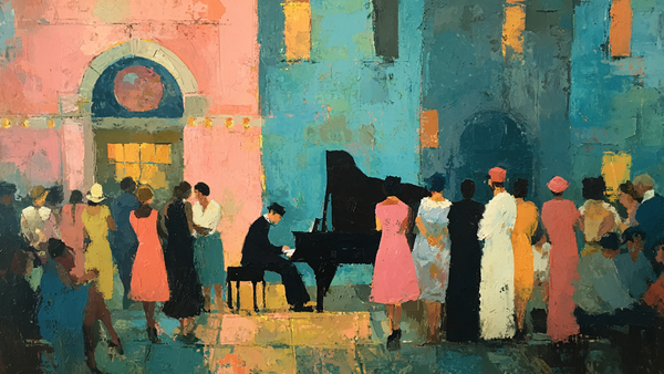 Late Set jazz club scene displayed on Samsung Frame TV - 4K digital download featuring intimate performance venue in blush and mauve palette