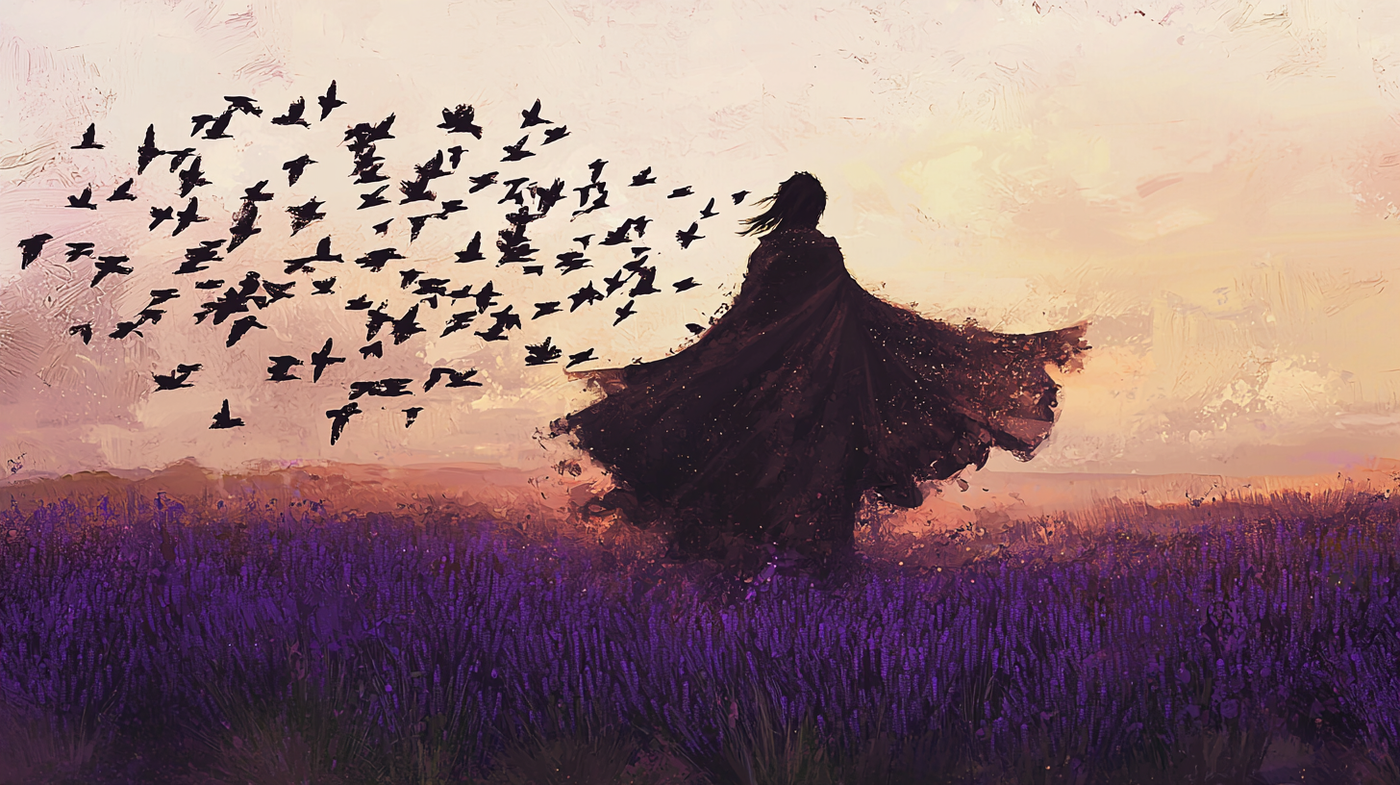 Romantic lavender field with silhouette figure and birds in flight at twilight – digital art for Samsung Frame TV