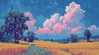 Lavender Horizon impressionist field landscape art displayed on Samsung Frame TV - 4K digital download featuring blush and mauve pink sky lavender flowers golden wheat field