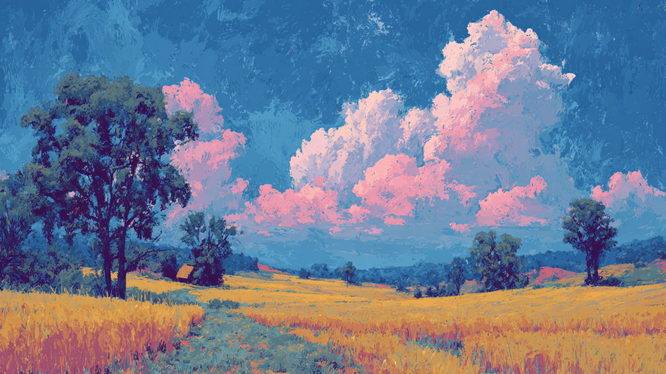 Lavender Horizon impressionist field landscape art displayed on Samsung Frame TV - 4K digital download featuring blush and mauve pink sky lavender flowers golden wheat field