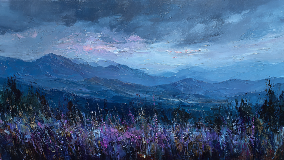 Lavender Horizon Provence fields artwork displayed on Samsung Frame TV showing endless purple lavender fields with mountain backdrop in blush and mauve tones