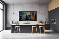 Lighthouse Geometry abstract art displayed on Samsung Frame TV - 4K digital download featuring bright yellow and electric blue geometric shapes with coastal lighthouse elements