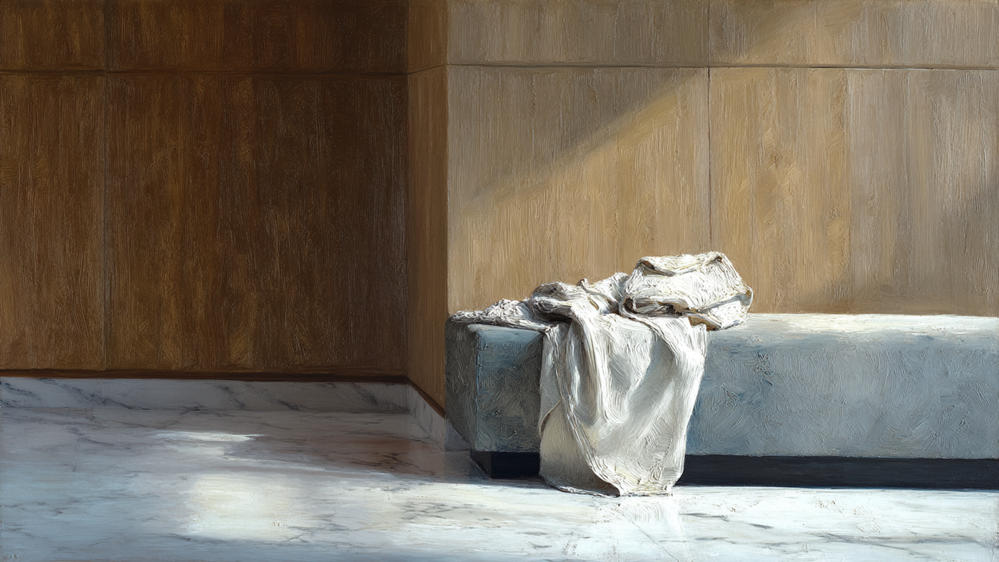 Minimalist bathroom scene with white linen draped over marble tub and warm wood paneling – digital art for Samsung Frame TV