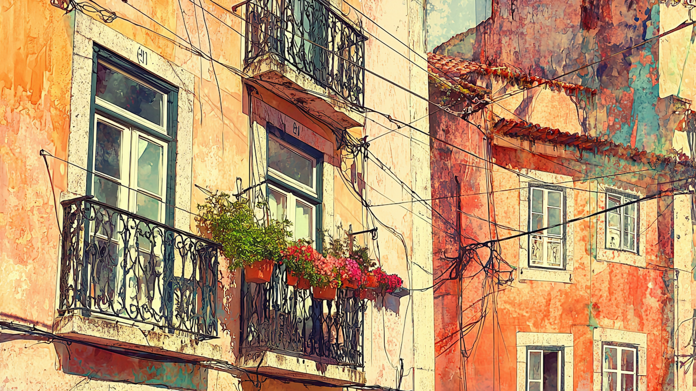Colorful Portuguese street scene with sunset warmth on weathered buildings – digital art for Samsung Frame TV