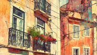 Colorful Portuguese street scene with sunset warmth on weathered buildings – digital art for Samsung Frame TV