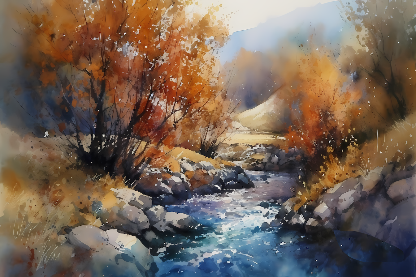 Autumn rivers flowing through luminous watercolor landscape – nature serenity digital artwork for Samsung Frame TV