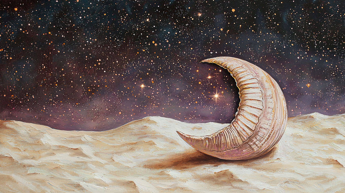 Minimalist crescent moon sculpture in desert landscape under starry night sky – digital art for Samsung Frame TV