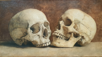 Anatomical skull art featuring two human skulls in silent dialogue, rendered with museum-quality precision in neutral beige, cream, and soft gray tones