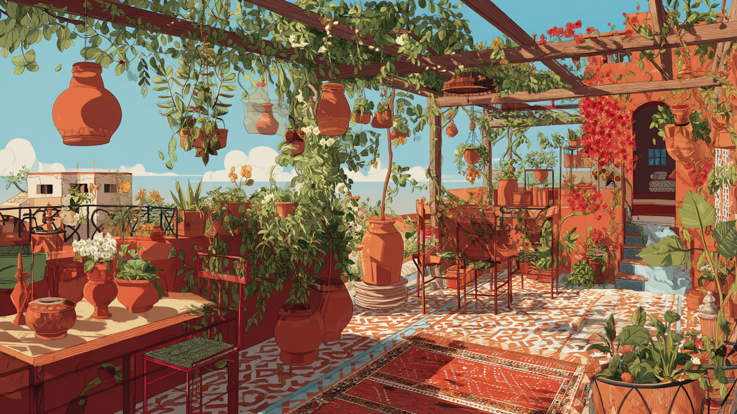 Moroccan terrace garden with terracotta pots and geometric tiles in vibrant Marrakech style – digital art for Samsung Frame TV