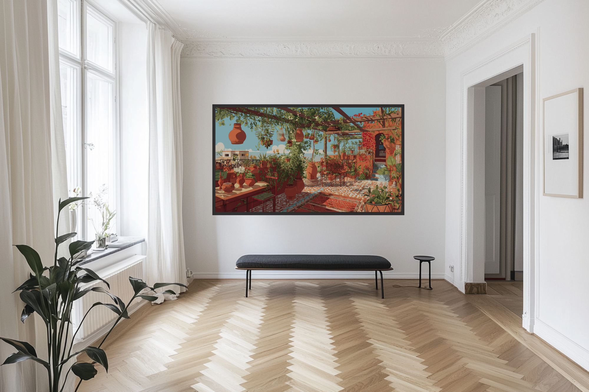 Moroccan terrace garden with terracotta pots and geometric tiles in vibrant Marrakech style – digital art for Samsung Frame TV