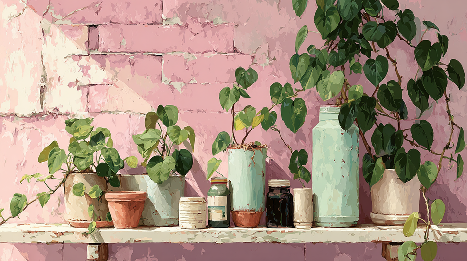 Mauve Shelf Garden domestic botanical art displayed on Samsung Frame TV - 4K digital download featuring potted plants against mauve and blush wall