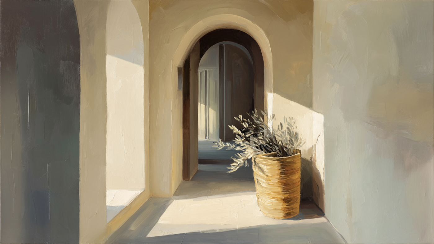 Mediterranean limestone hallway with arched doorways and woven basket in warm afternoon light – digital art for Samsung Frame TV