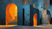 Minimalist Mediterranean architecture with blue walls and golden archways creating geometric passages – digital art for Samsung Frame TV