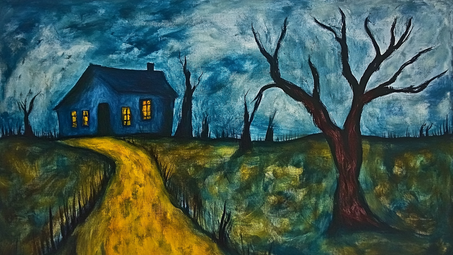 Melancholy Mile landscape artwork displayed on Samsung Frame TV showing twilight pathway with bare tree in blues and golden yellow tones