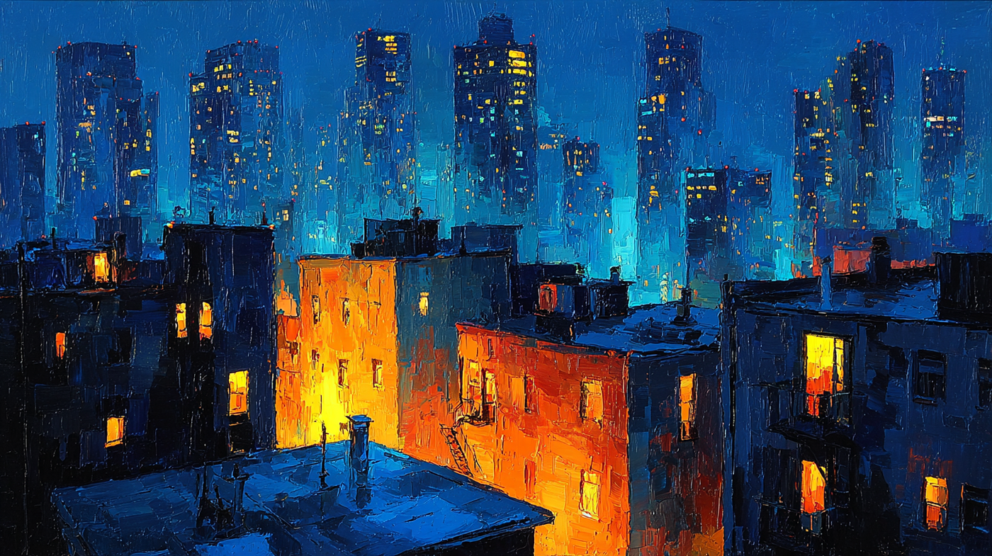 Expressive urban cityscape from rooftop perspective with blue buildings and orange illuminated windows at twilight – digital art for Samsung Frame TV
