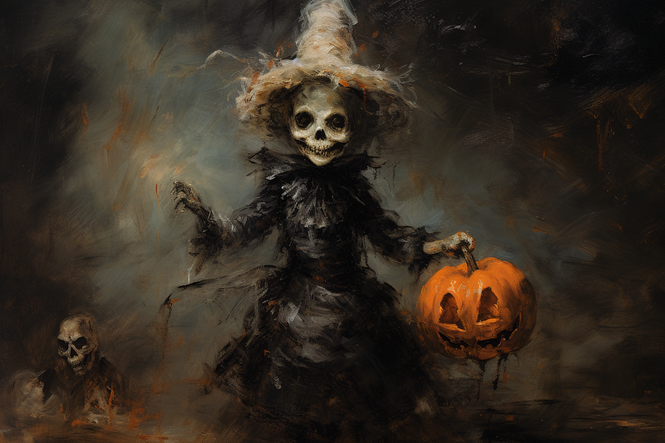 Ghostly witch and glowing jack-o'-lantern creating spine-tingling Halloween atmosphere – digital artwork for Samsung Frame TV
