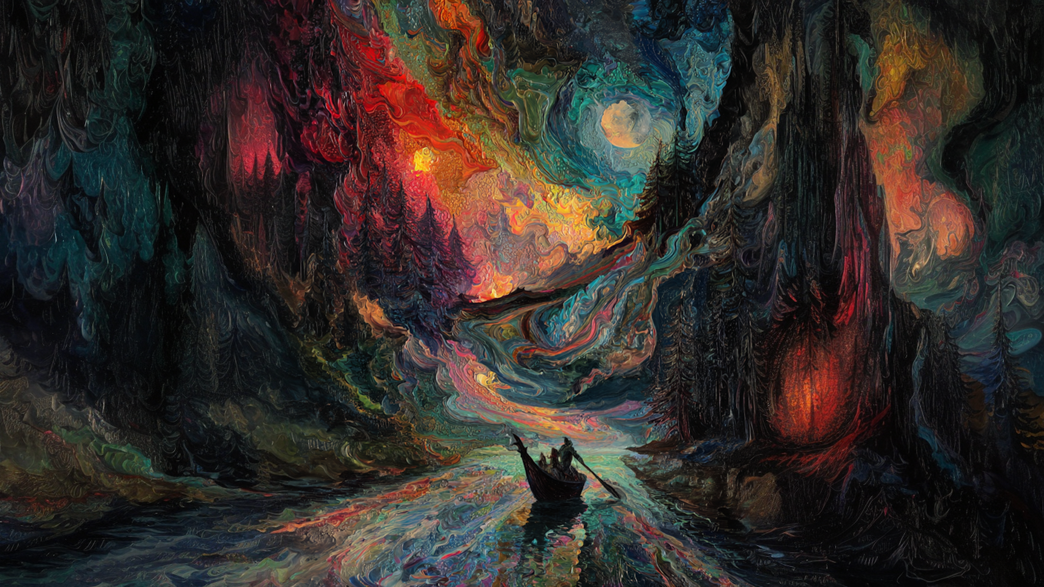 Midnight Passage – Free surreal landscape featuring a boat under swirling cosmic skies and forested cliffs, painted in luminous, gothic tones for Samsung Frame TV