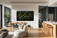 Midnight Bloom Rousseau-inspired nocturnal garden displayed on Samsung Frame TV - 4K digital download featuring glowing yellow flowers in deep sage and eucalyptus night palette