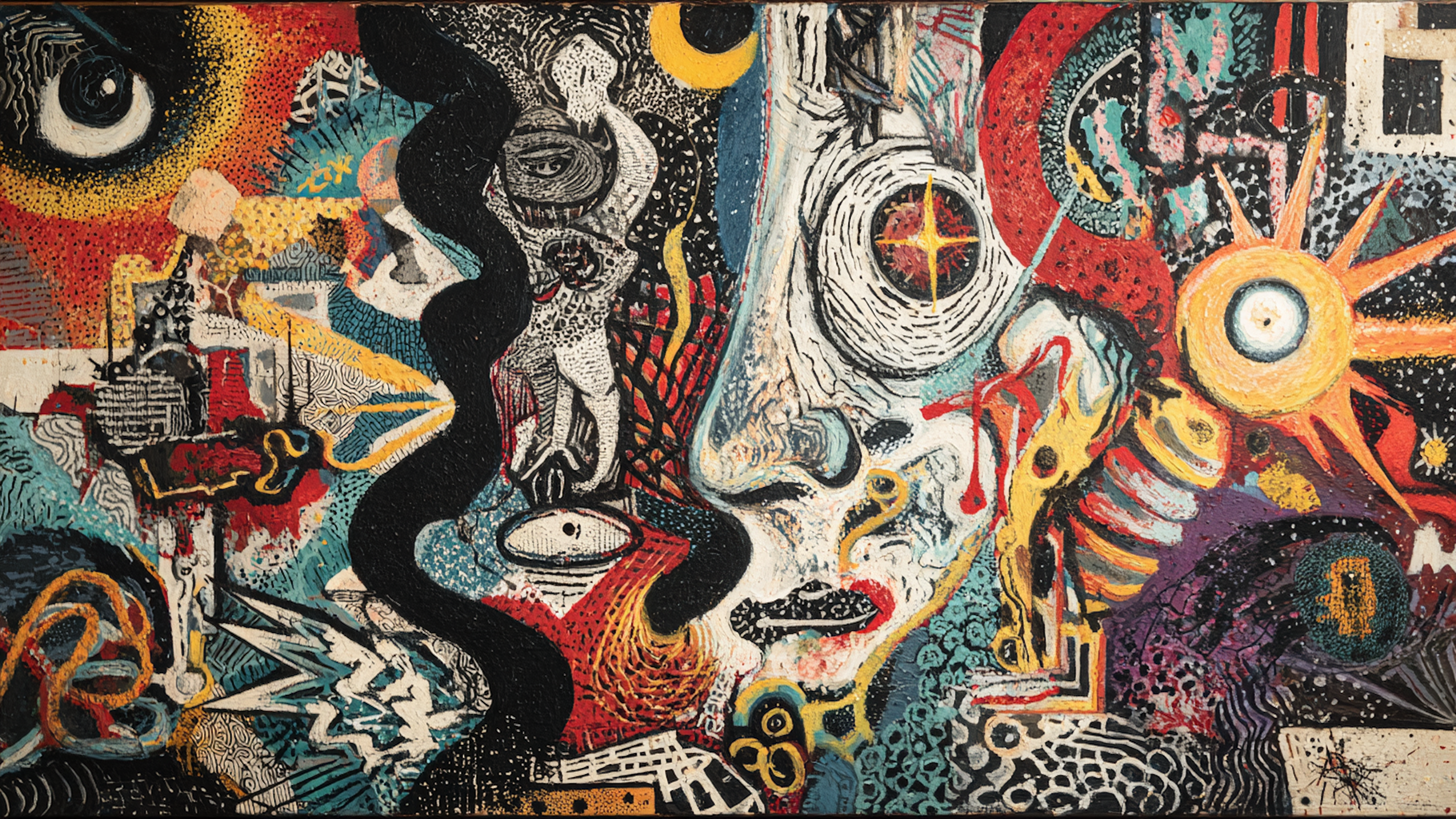 Midnight Collage mystical assemblage artwork displayed on Samsung Frame TV showing dark composition with eyes and geometric elements in black and gray tones