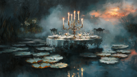 Surreal dining scene on lily pads with golden candelabra in twilight water garden – digital art for Samsung Frame TV