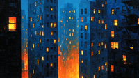 Dramatic night cityscape with illuminated skyscrapers and golden window lights against dark blue sky – digital art for Samsung Frame TV