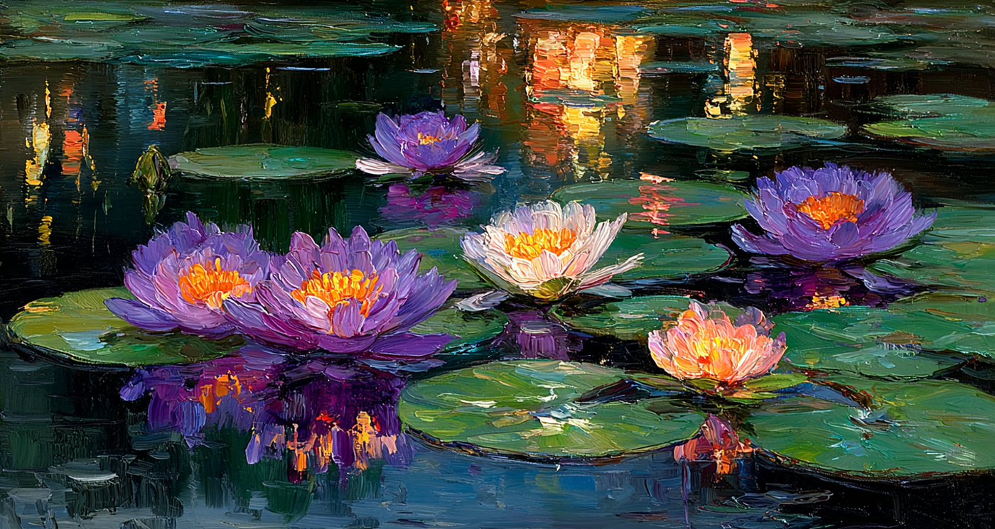 Midnight Water Lilies Monet-inspired art displayed on Samsung Frame TV - 4K digital download featuring golden lily blooms floating on deep sapphire and amethyst waters