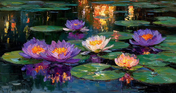 Midnight Water Lilies Monet-inspired art displayed on Samsung Frame TV - 4K digital download featuring golden lily blooms floating on deep sapphire and amethyst waters