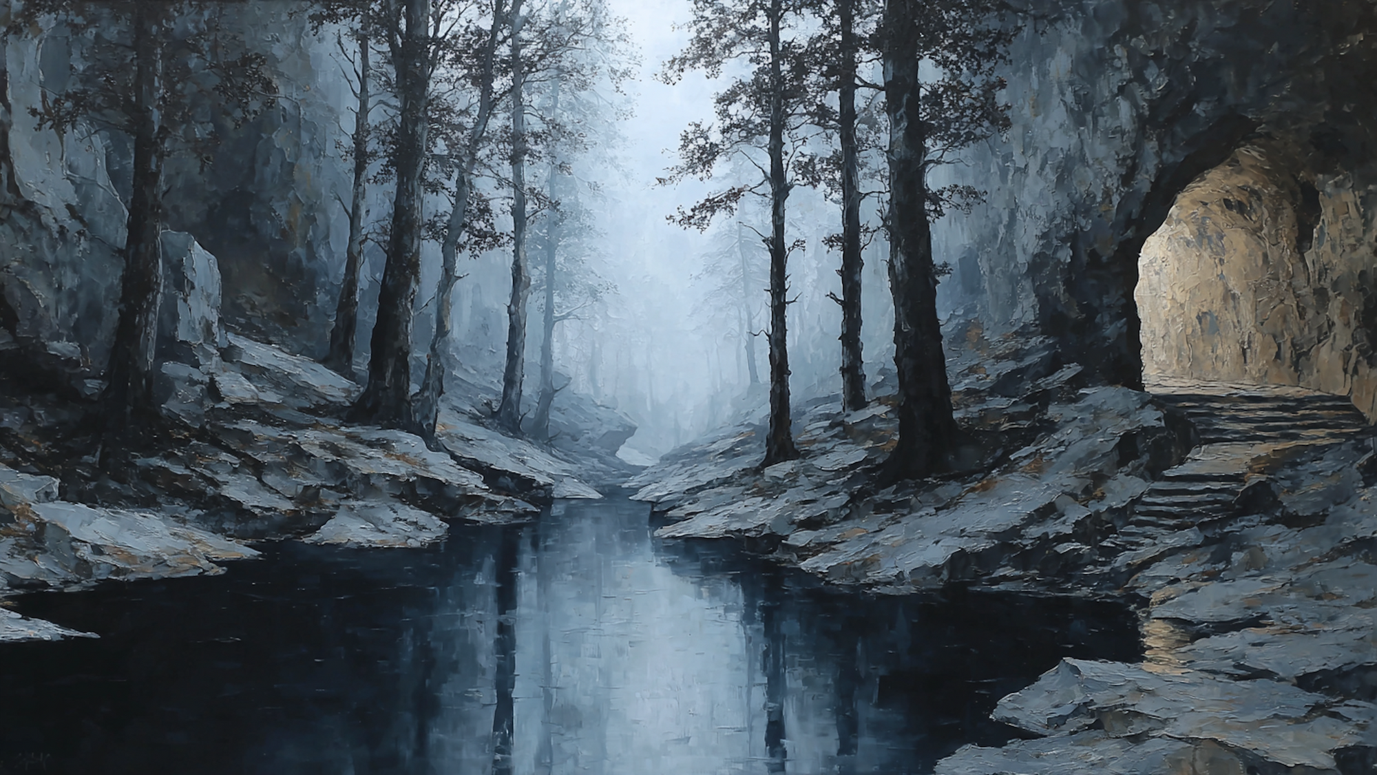 Misty Cathedral forest art displayed on Samsung Frame TV - 4K digital download featuring atmospheric woodland with ink and charcoal blue-gray mist and dark tree silhouettes
