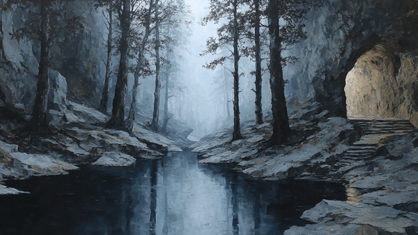 Misty Cathedral forest art displayed on Samsung Frame TV - 4K digital download featuring atmospheric woodland with ink and charcoal blue-gray mist and dark tree silhouettes