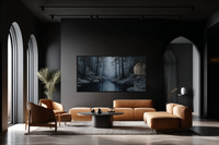 Misty Cathedral forest art displayed on Samsung Frame TV - 4K digital download featuring atmospheric woodland with ink and charcoal blue-gray mist and dark tree silhouettes