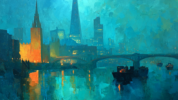 Misty London Bridge Dawn cityscape on Samsung Frame TV - 4K digital download featuring Thames river scene in soft cerulean and steel gray morning fog