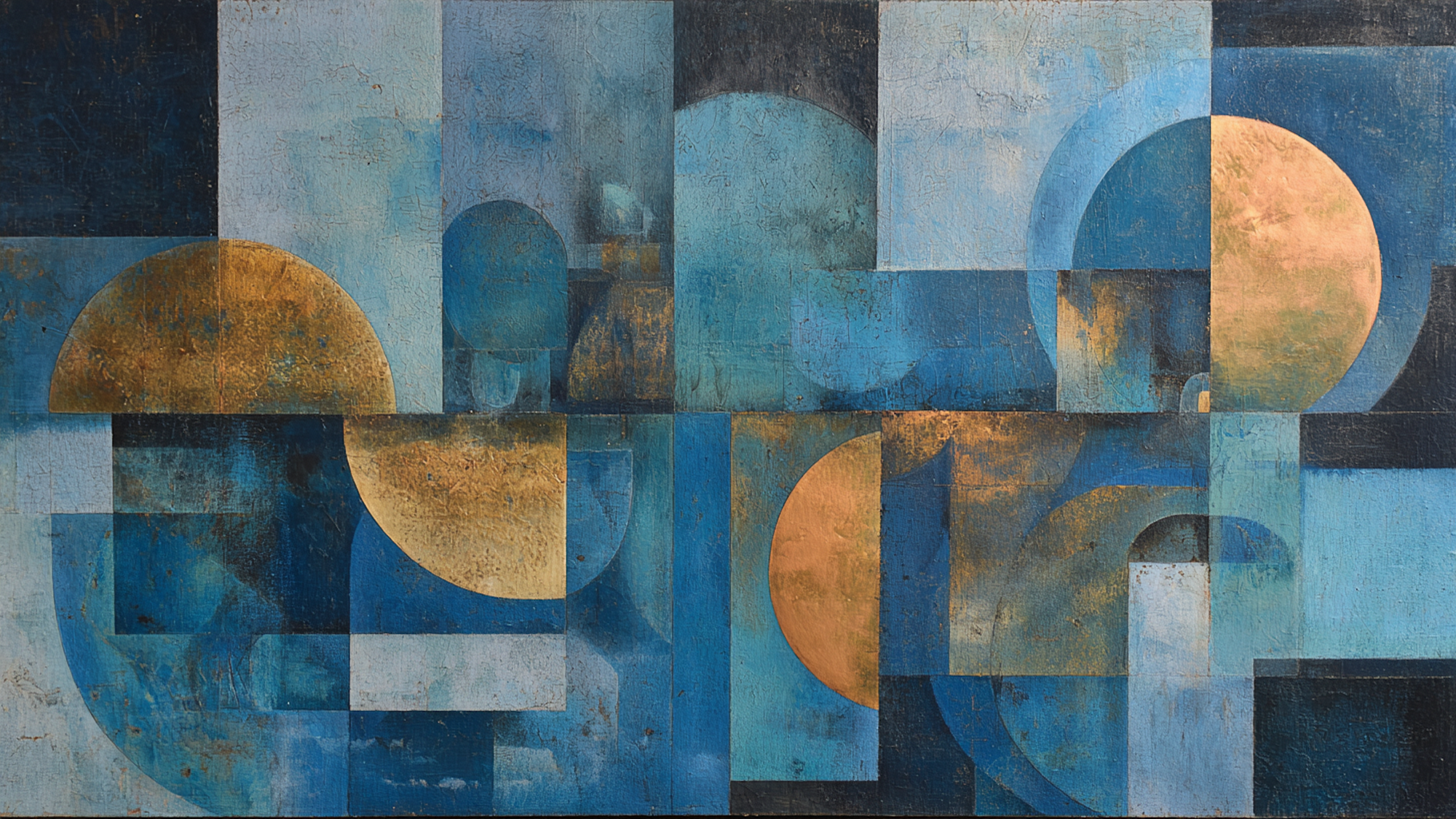 Modernist Reflection geometric artwork displayed on Samsung Frame TV showing sophisticated overlapping forms in blue and amber contemporary palette
