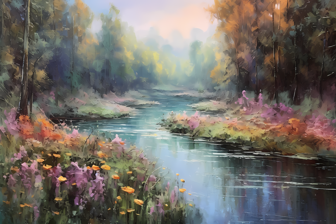 Misty morning light dancing on tranquil waters and wildflowers – peaceful impressionist artwork for Samsung Frame TV