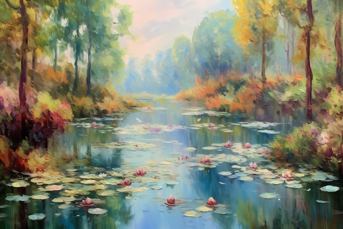 Delicate lilies floating on dreamy waters in soft pastels – Monet-inspired impressionist digital artwork for Samsung Frame TV