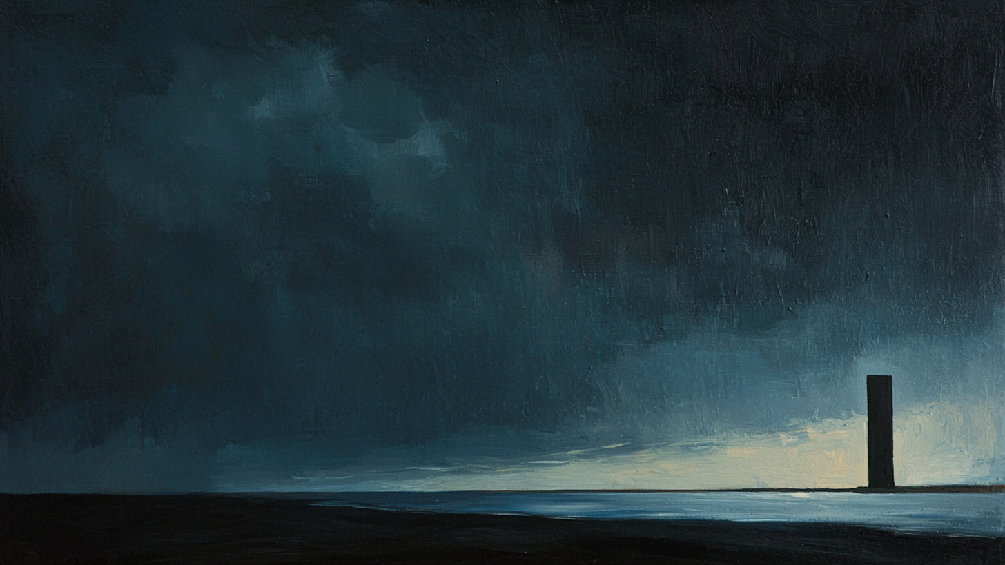 Solitary monolith under stormy digital seascape sky – surreal cinematic artwork for Frame TV