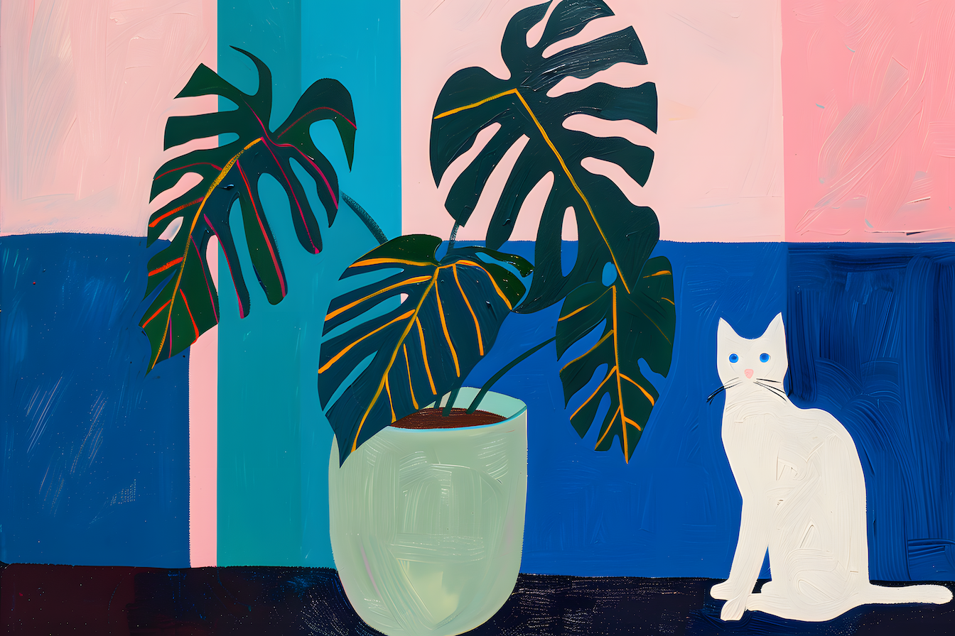 Bold contemporary art with white cat alongside lush monstera leaves – colorful and charming digital artwork