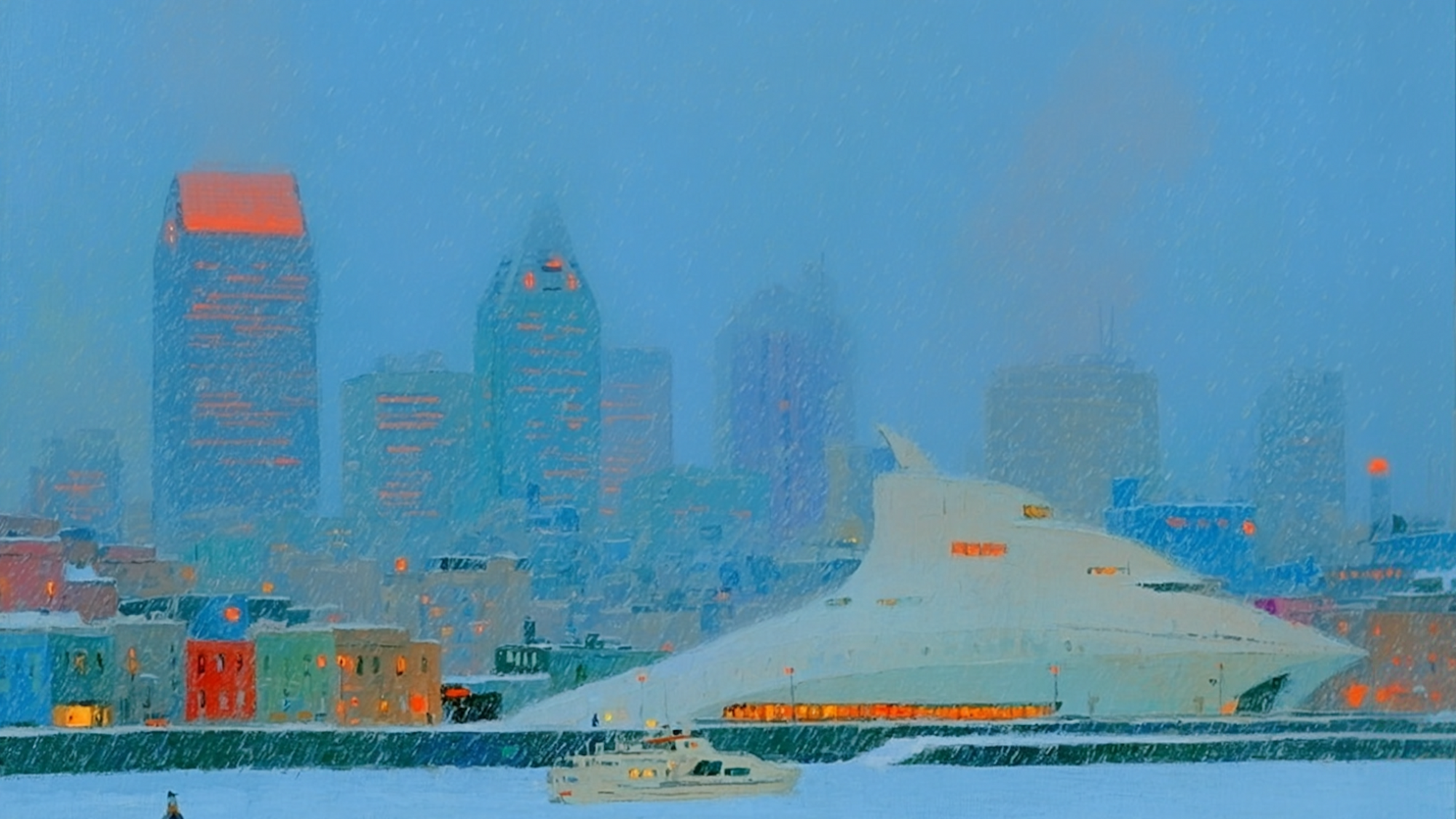 Montreal Harbor Mist seascape displayed on Samsung Frame TV - 4K digital download featuring soft Montreal skyline with Mount Royal and coral boat in foggy Old Port