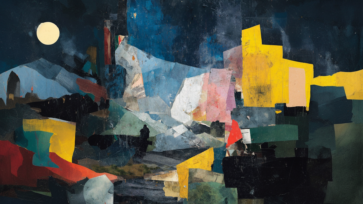 Moon Over Echoes digital collage featuring layered paper textures, abstract city forms, and a glowing full moon over a darkened landscape, formatted for Samsung Frame TV.