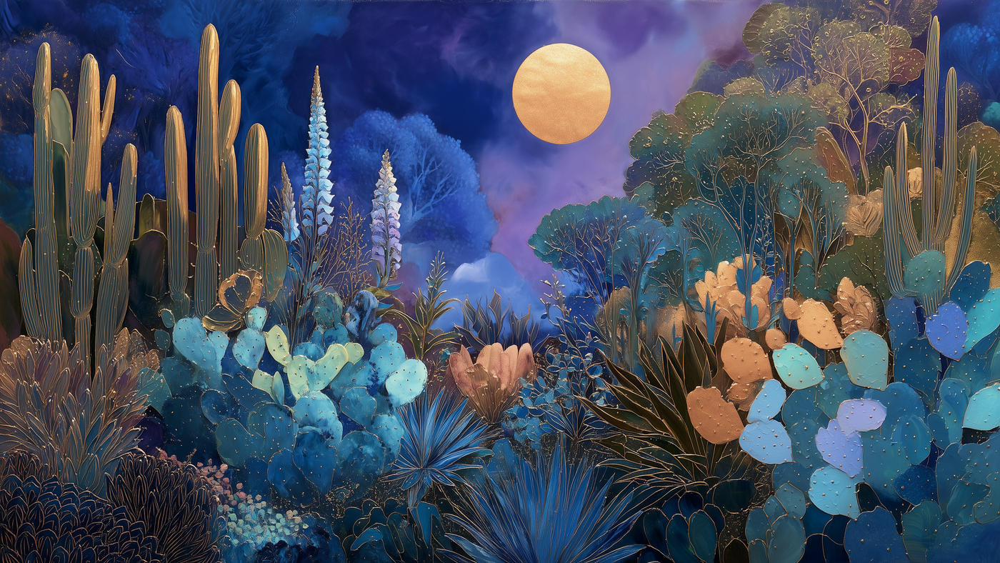 Moonlit desert landscape with golden cacti and blue wildflowers under mystical moonlight – digital art for Samsung Frame TV