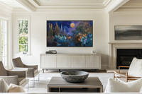 Moonlit desert landscape with golden cacti and blue wildflowers under mystical moonlight – digital art for Samsung Frame TV