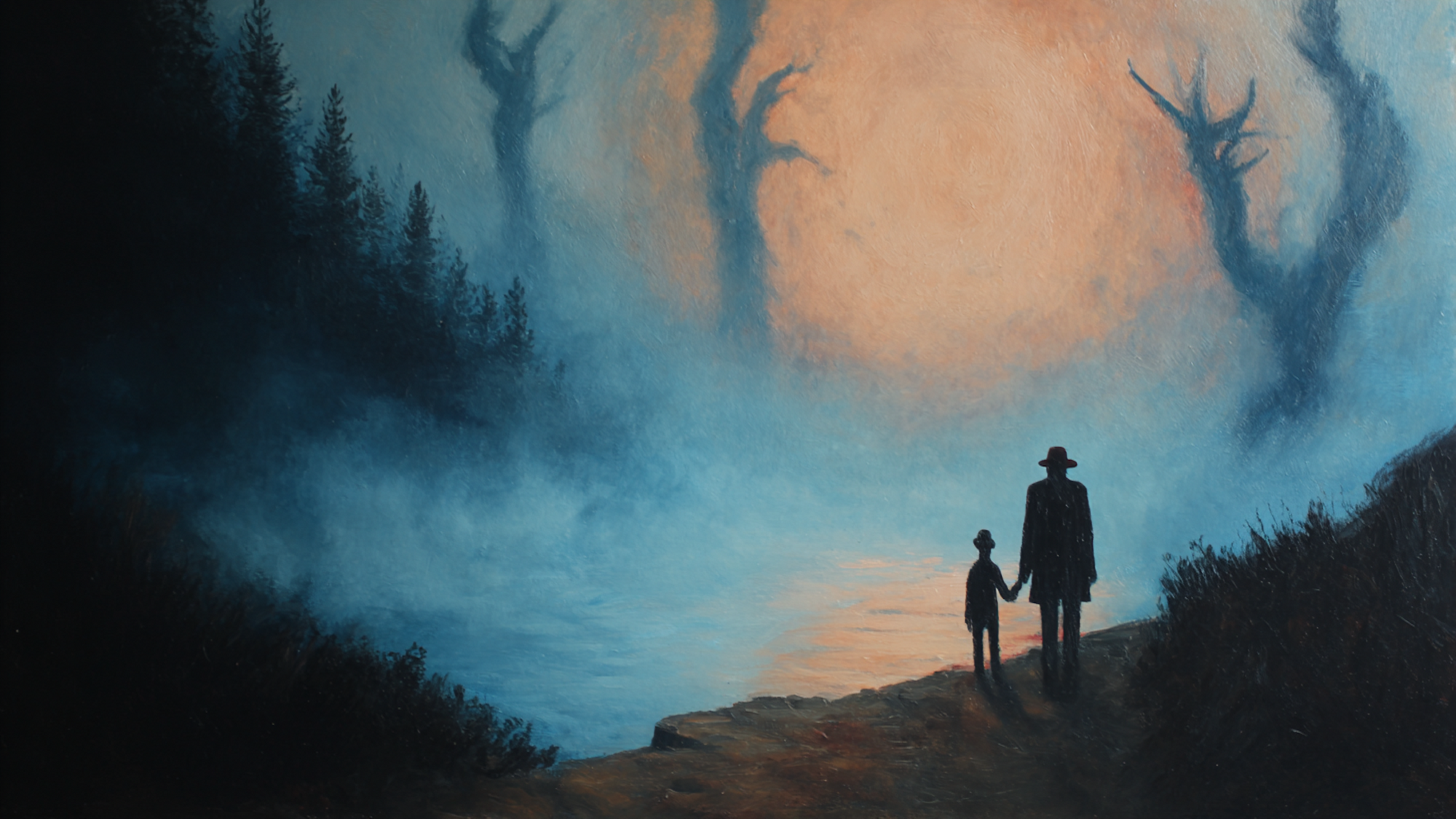 Moonlit Journey silhouette landscape art displayed on Samsung Frame TV - 4K digital download featuring figures walking under full moon in ocean blue and sky tones