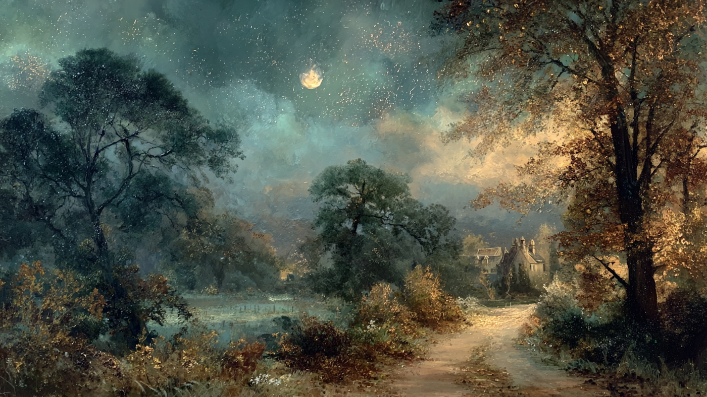 Moonlit Sanctuary evening grove artwork displayed on Samsung Frame TV showing ancient trees under soft moonlight in ink and charcoal tones