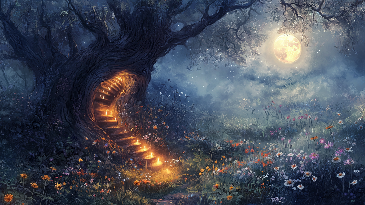 Fantasy tree with glowing doorway portal in moonlit wildflower meadow – digital art for Samsung Frame TV