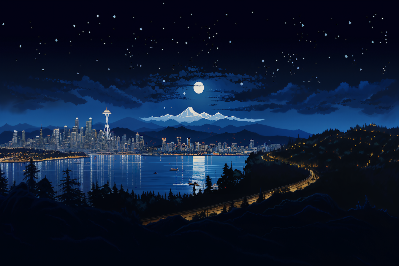 Vancouver skyline glowing under moonlight – mesmerizing digital artwork for Samsung Frame TV